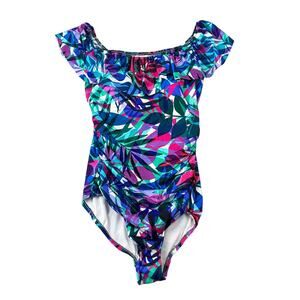 Swim Solutions Size 16 Off The Shoulder Botanical Printed One Piece Swimsuit